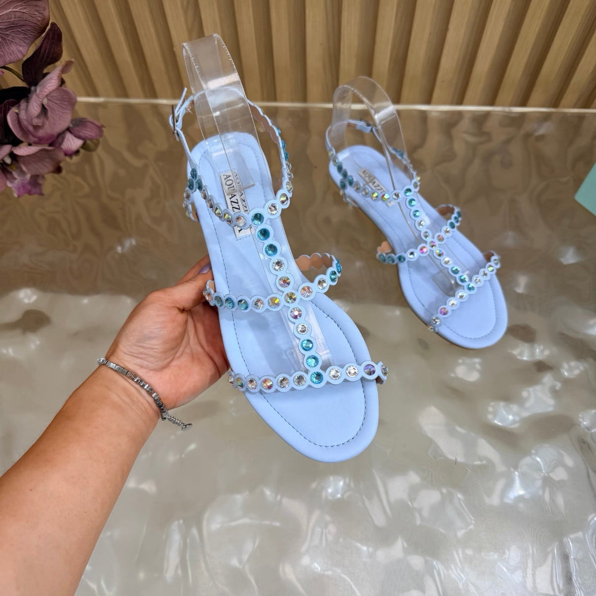 Aquazzura 26s Flat Sandals Light Blue Calfskin Crystal Embellished 471092
