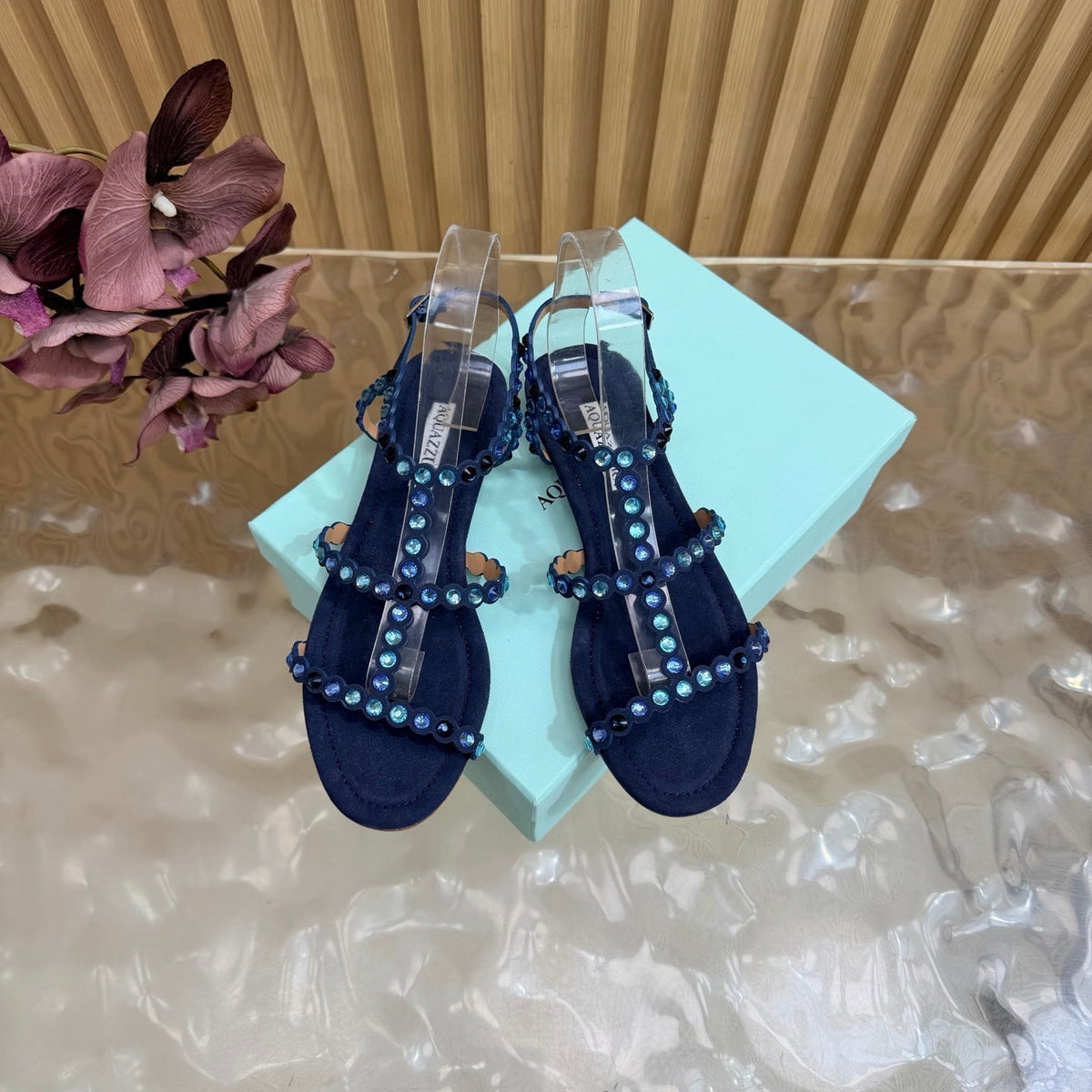 Aquazzura 26s Flat Sandals Navy Blue Suede Crystal Embellished 571932