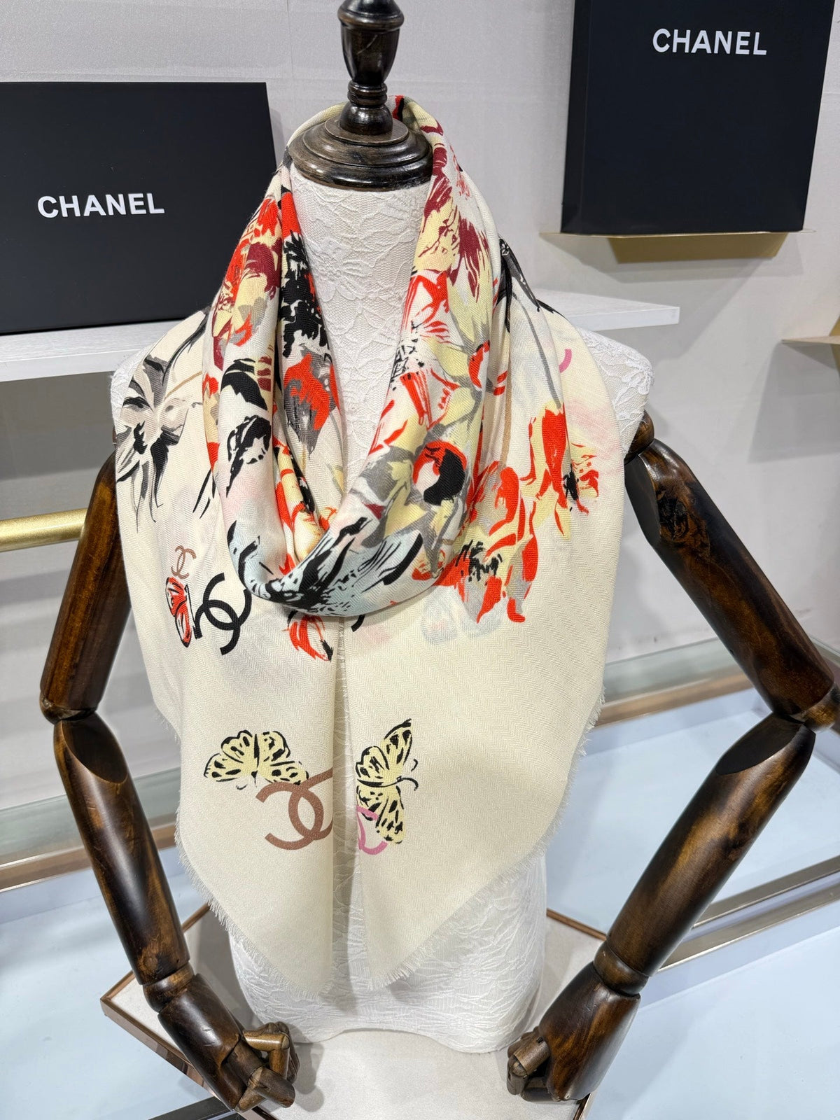 Chanel 2026 Square Scarf 140cm Red White Cashmere Silk 218853
