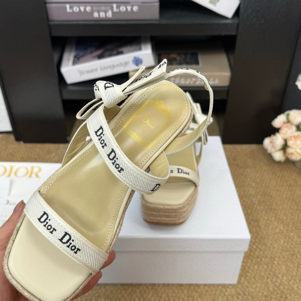 Dior 26s Espadrille Wedge Sandal Beige Canvas Calfskin