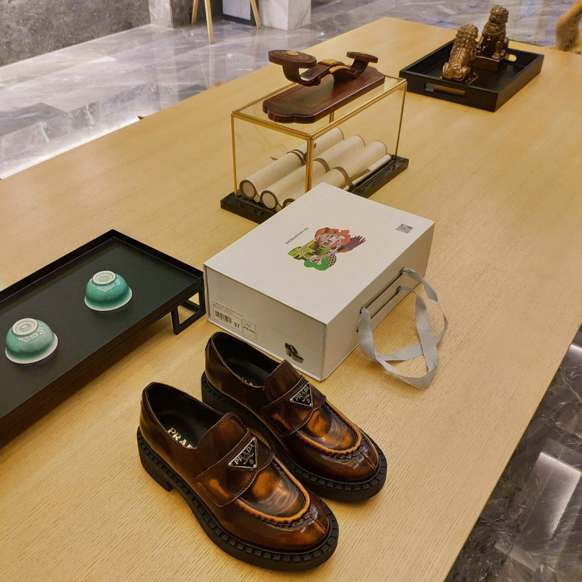Prada 26S Penny Loafers 55mm Brown Patent Calfskin