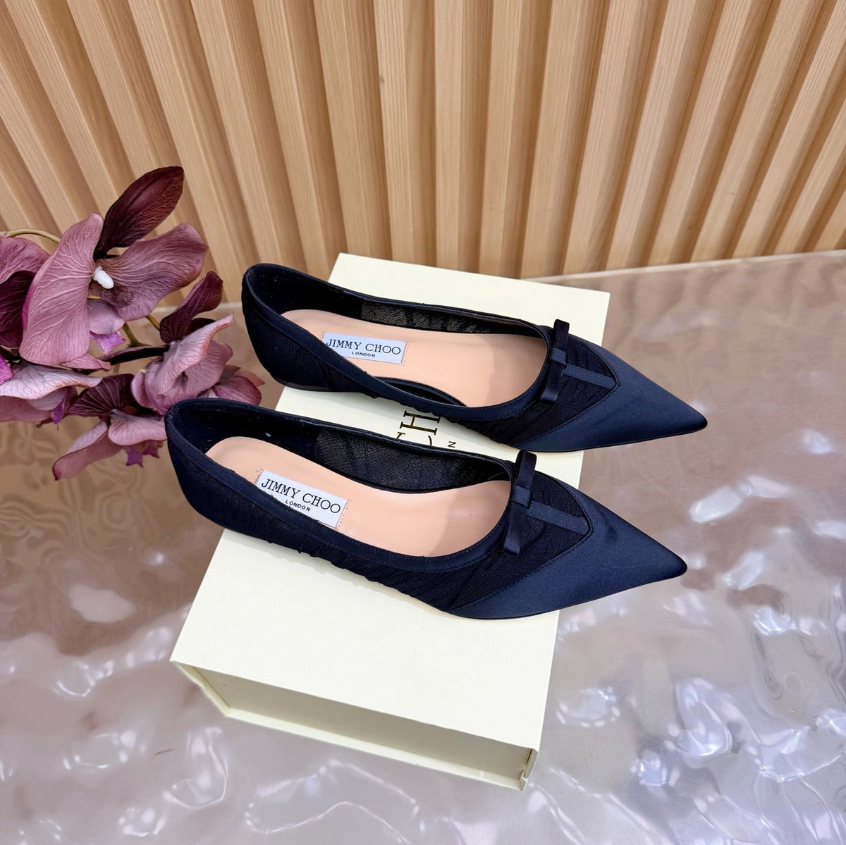 Jimmy Choo 26S Flats Black Mesh And Satin 518394