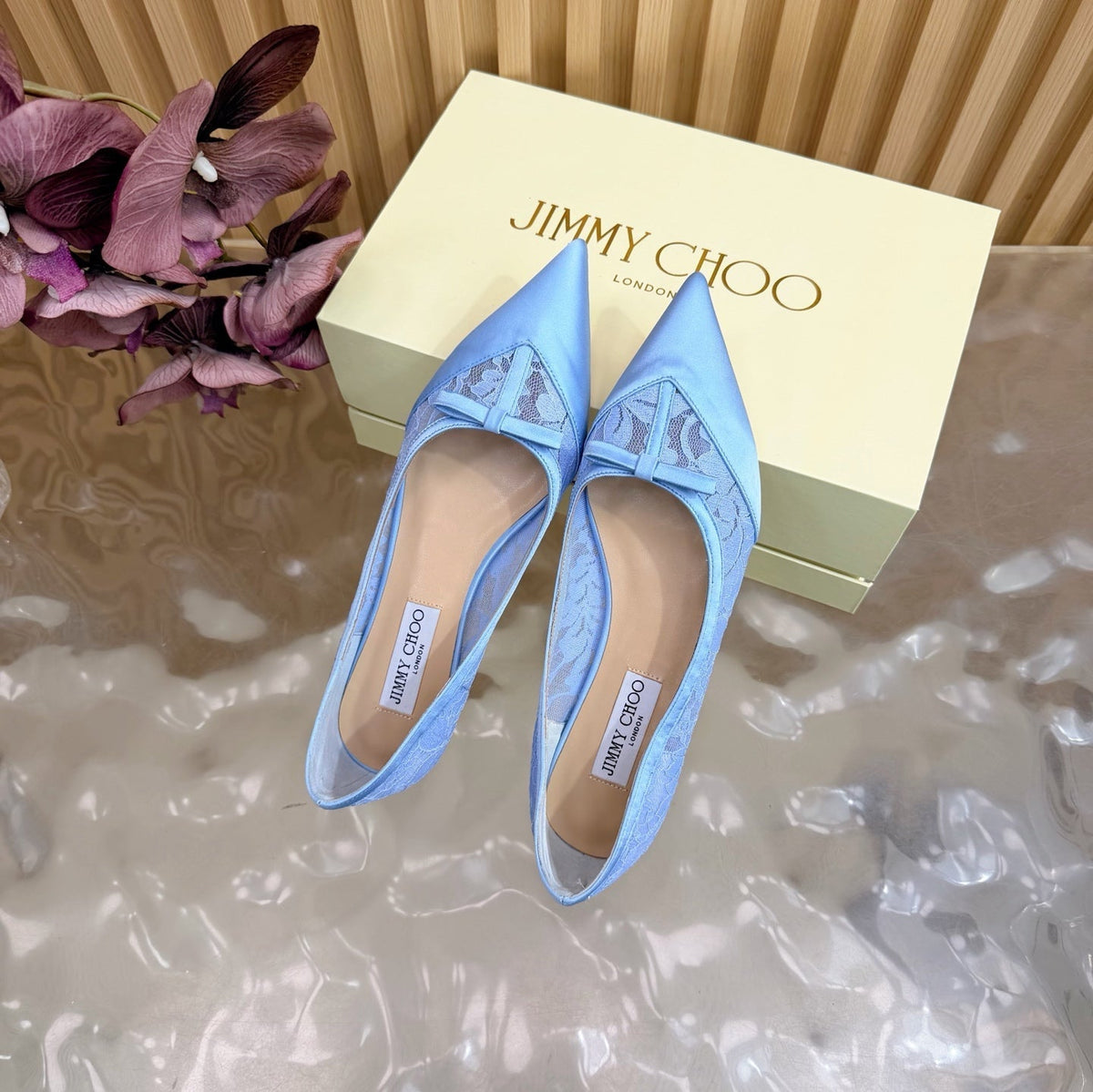Jimmy Choo 26S Flats Sky Blue Lace And Satin 914835