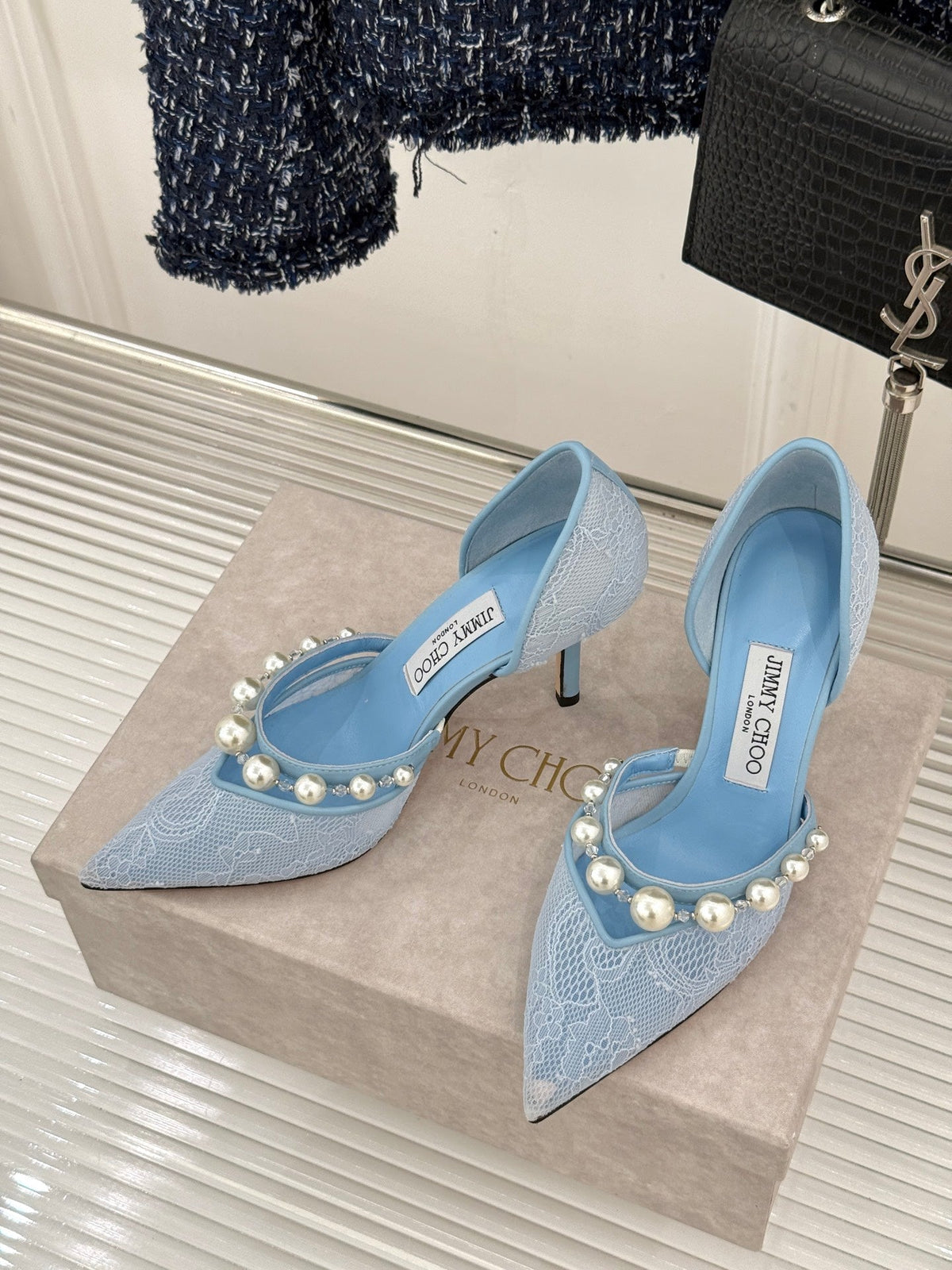 Jimmy Choo 26S High Heels 8.5cm Sky Blue Lace Pearl-Embellished 583192