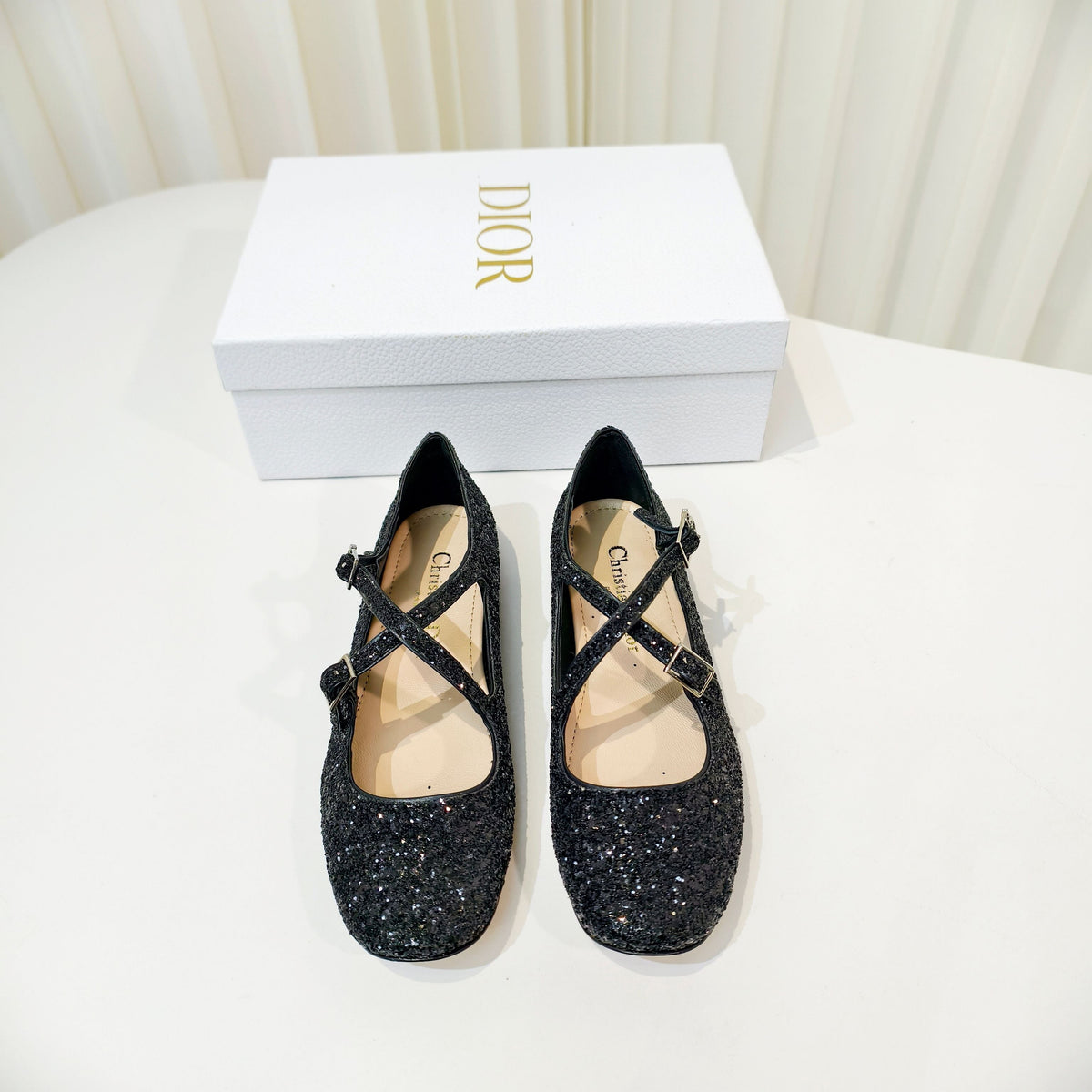 Dior 26s Mary Jane Flats Black Sequin Embroidered Fabric