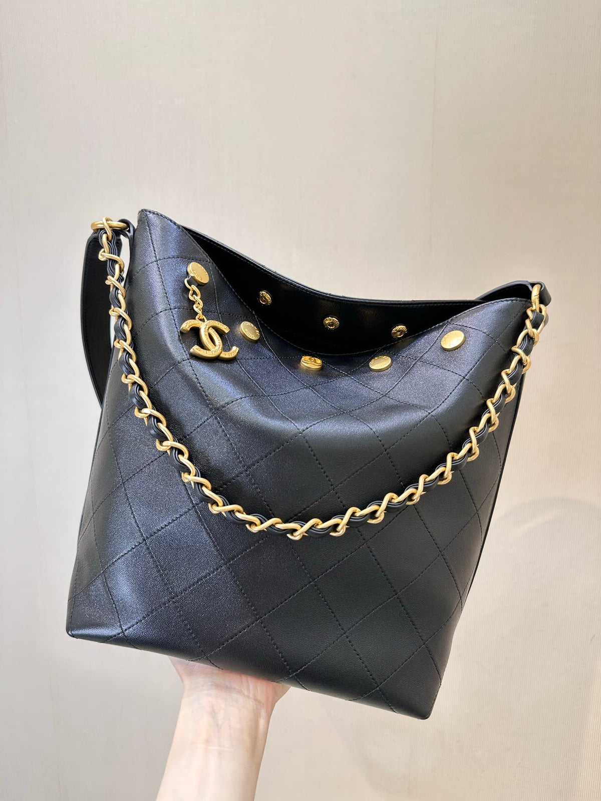 Chanel 2026 Quilted Bucket Bag 31cm Black Gold-Hardware Lambskin