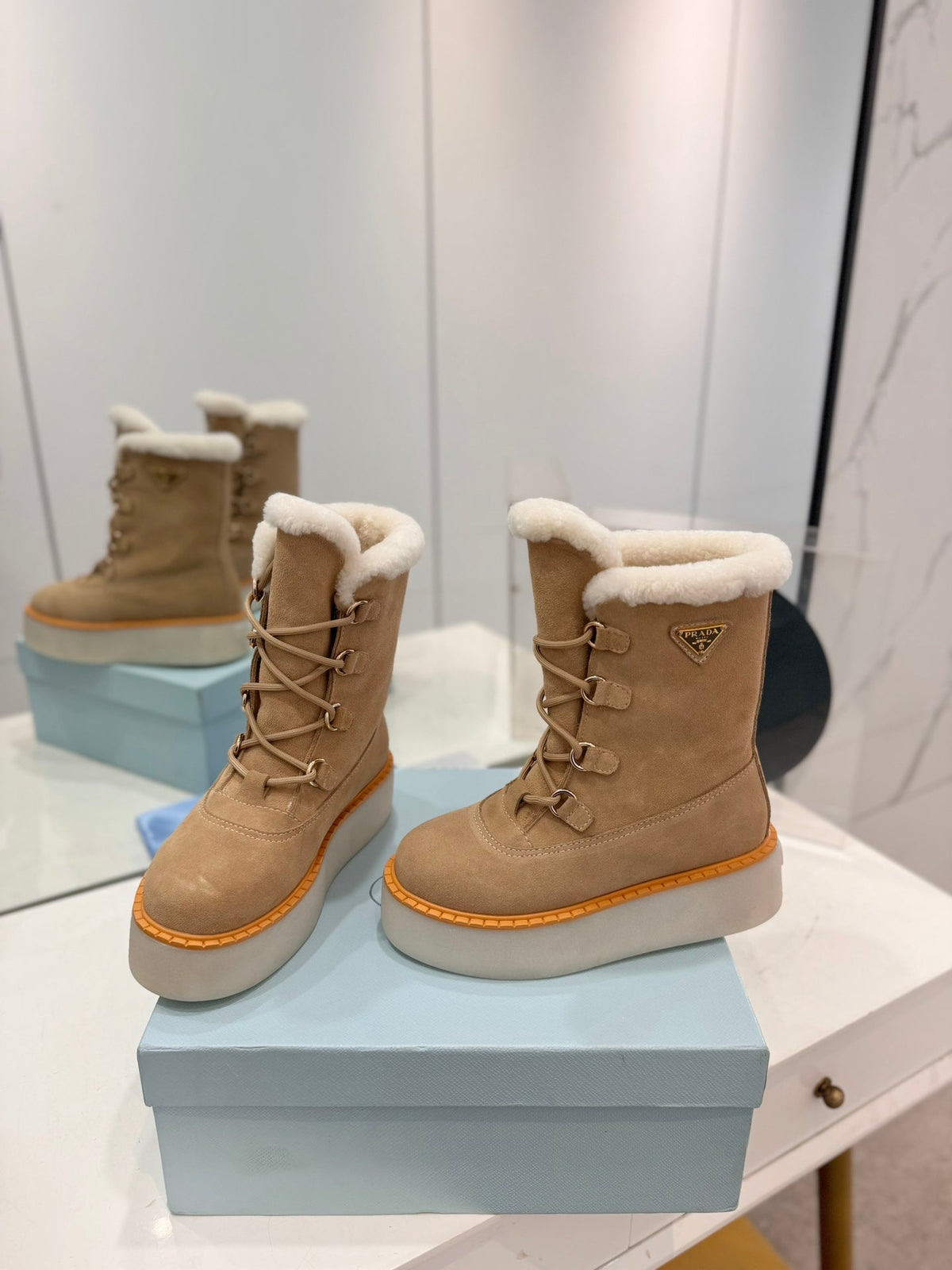 Prada 2026 Platform Snow Boots Suede Wool 166143