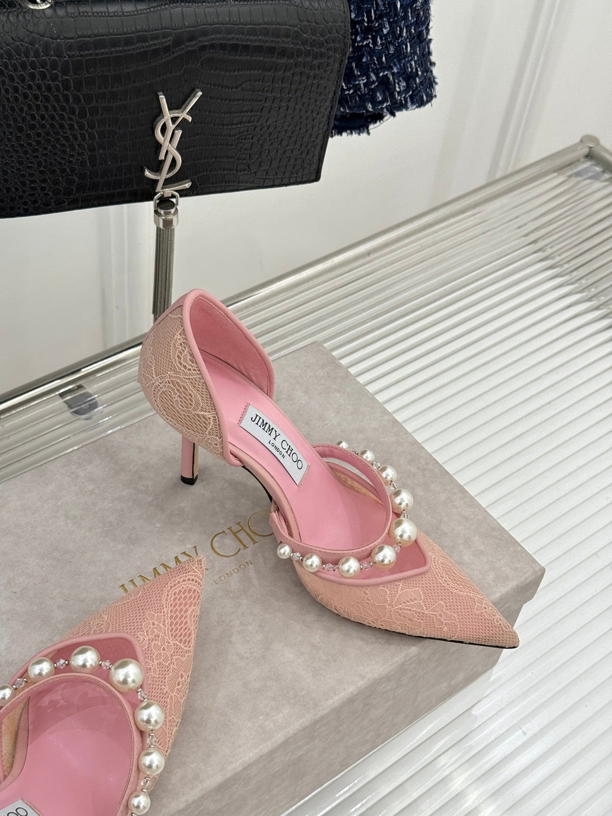 Jimmy Choo 26S High Heels 6.5cm Light Pink Lace Pearl-Embellished 931846