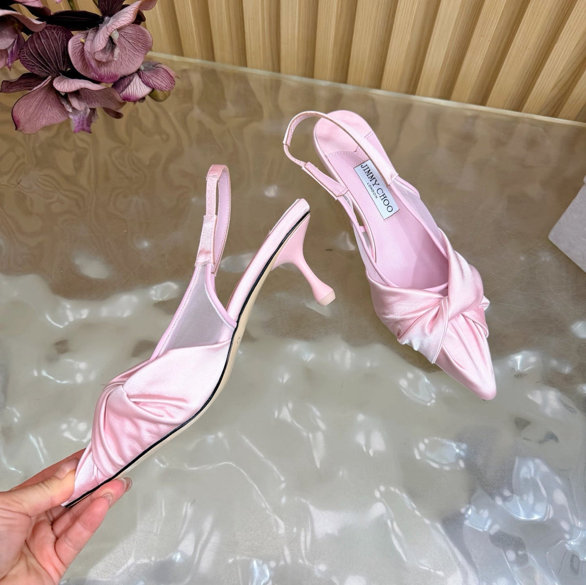 Jimmy Choo 26S Slingback Heels 6.0cm Light Pink Satin With Knot Detail 521946