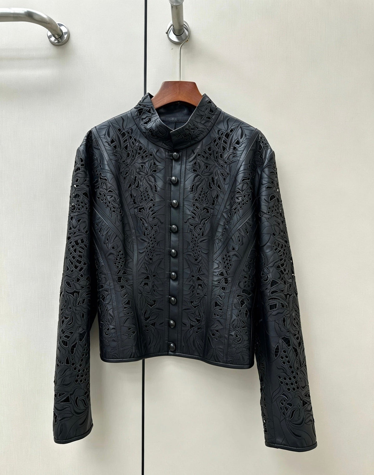 HM 26S Laser-Cut Lace Pattern Jacket Mock Collar Round Buttons Leather 435206