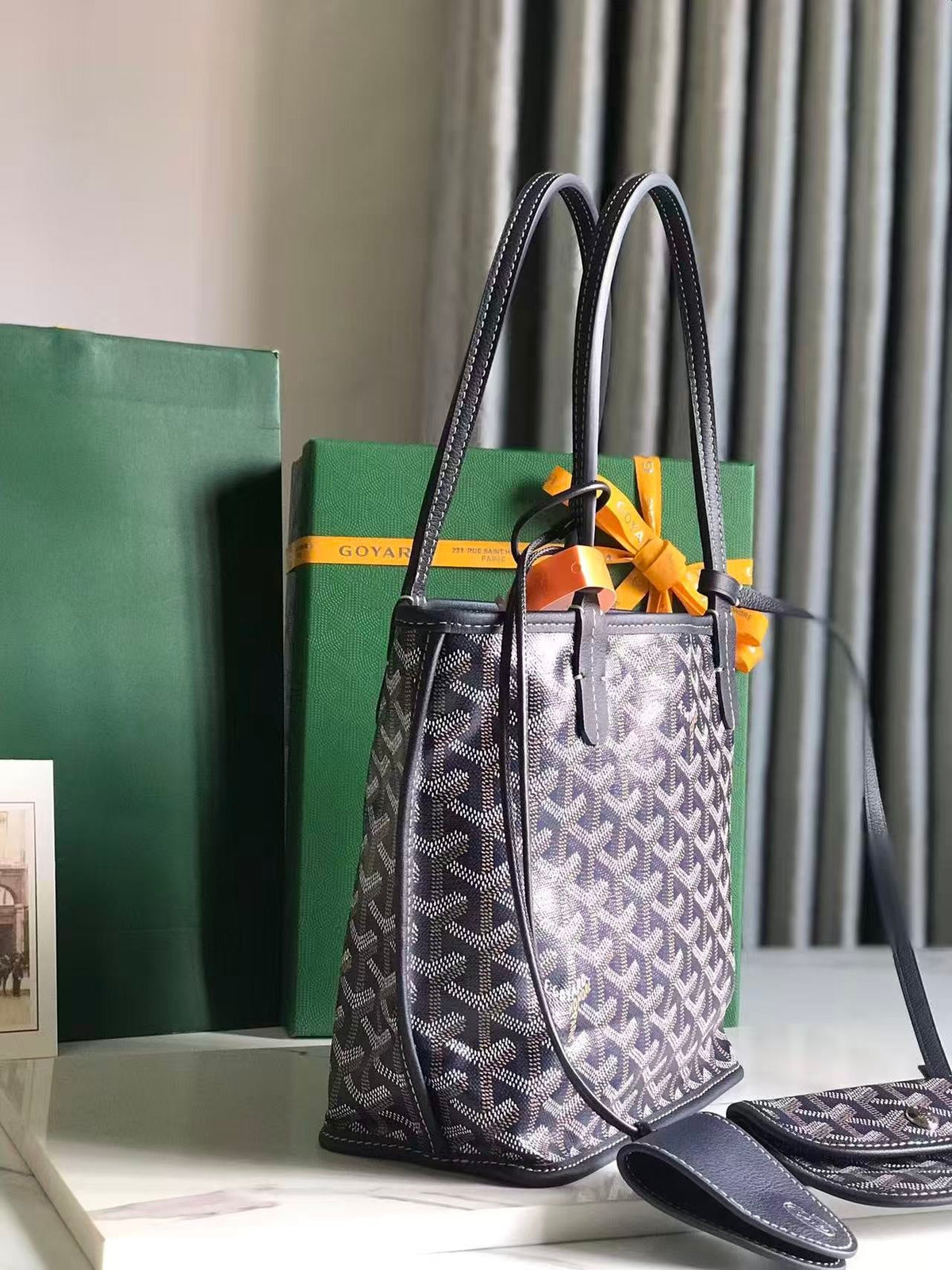 Goyard 2026 Anjou Mini Bag Navy Blue Canvas Chevroches Calfskin