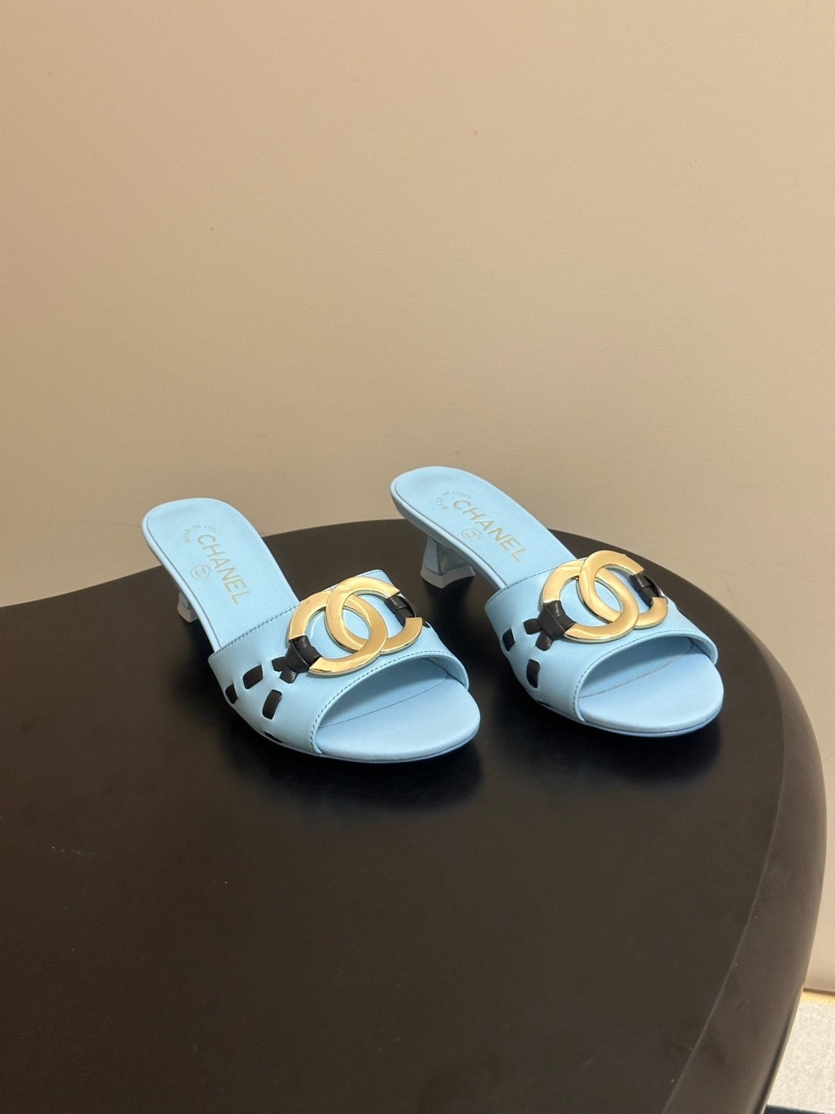 CC 26S High Heel Mule in Light Blue Lambskin with Gold-Tone CC Logo