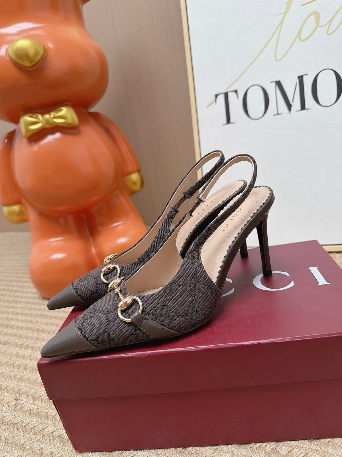 Gucci 26s Slingback Heels 10.5cm Dark Brown Canvas Mix Lambskin