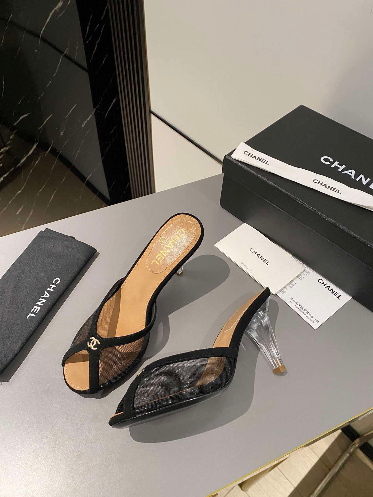 CC Peep-Toe Mules Logo Black Mesh Lambskin