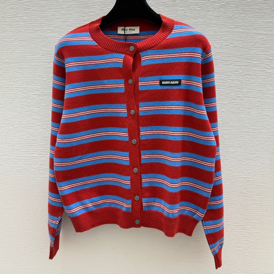 Miu Striped Knit Cardigan Round Neck Button-Front Red Blue Wool 313352