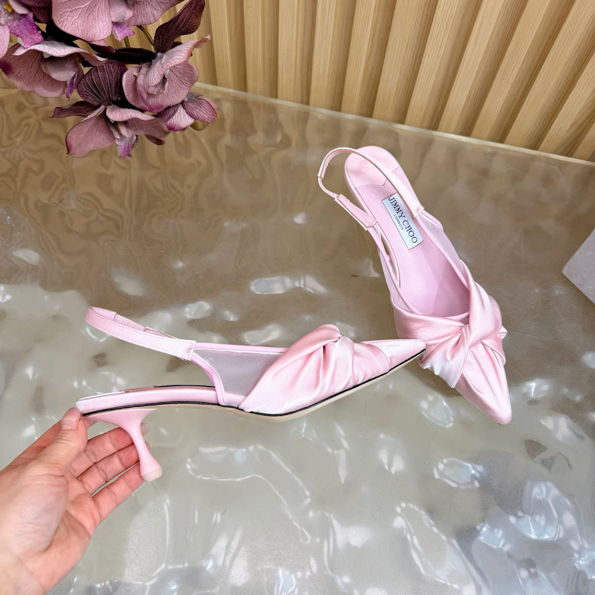 Jimmy Choo 26S Slingback Heels 6.0cm Light Pink Satin With Knot Detail 521946