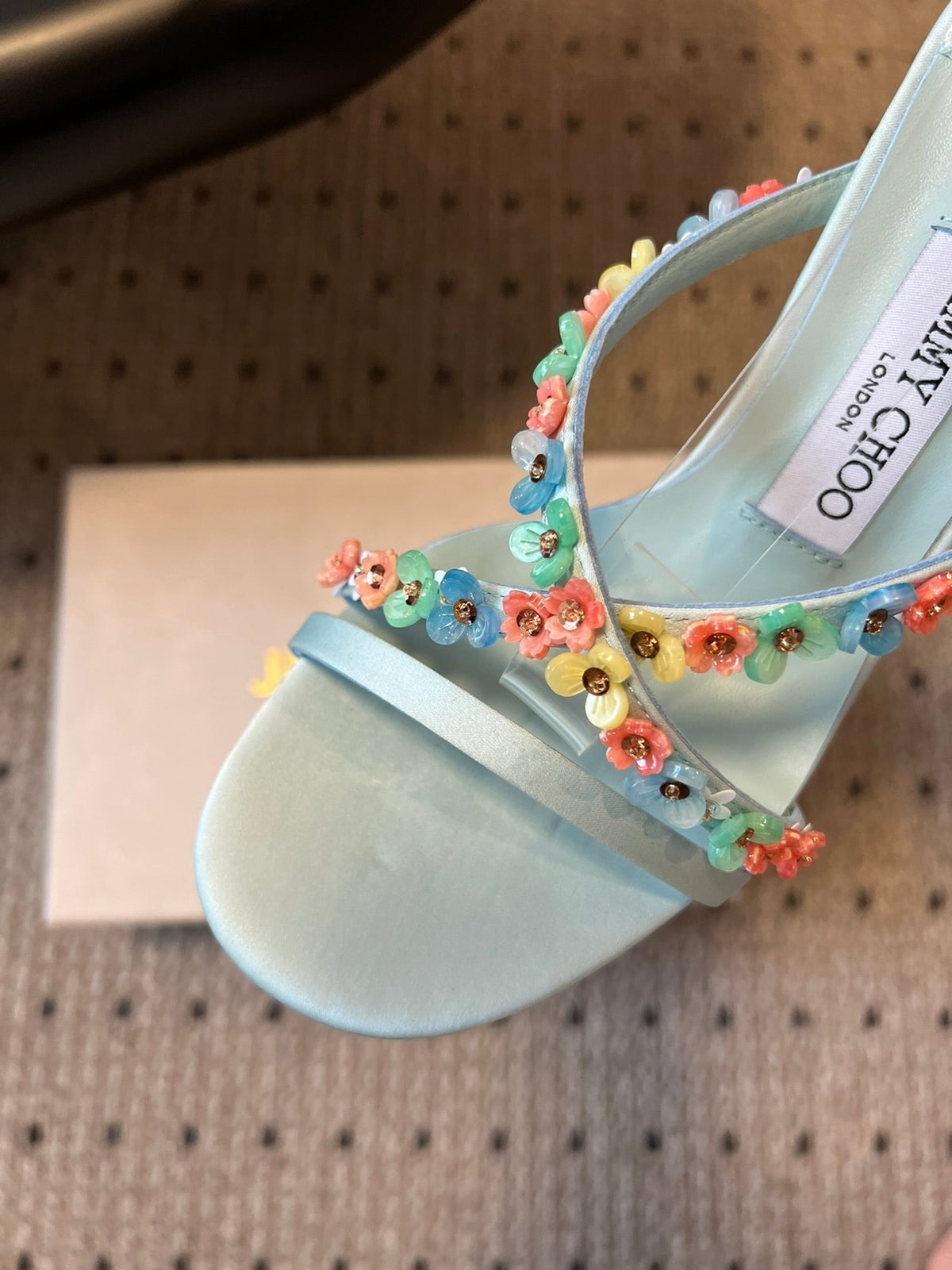 Jimmy Choo 26S Floral Heel Sandals 8.5cm Pastel Blue Satin And Lambskin 831495