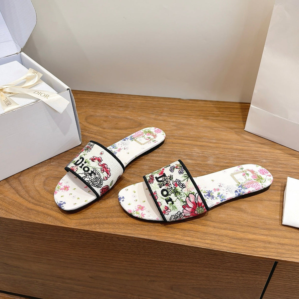 CD 26s Flat Slide Sandals Multicolor Embroidered Canvas 739158