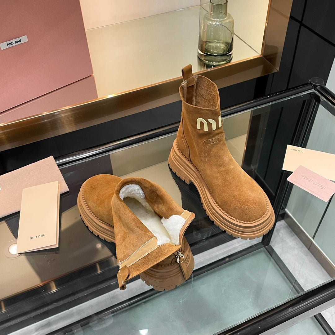 Miumiu 26s Logo Chunky Ankle Boots Camel Brown Suede