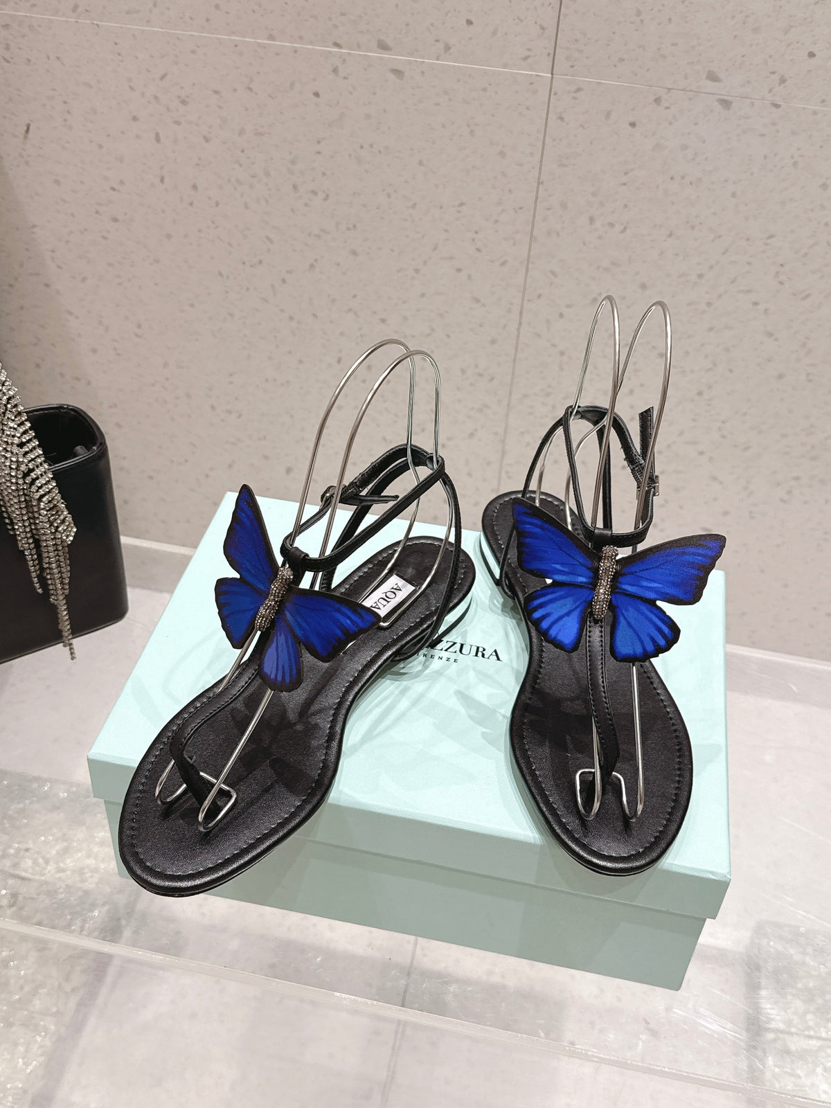 Aquazzura 26s Butterfly Thong Sandals Black Lambskin 739201