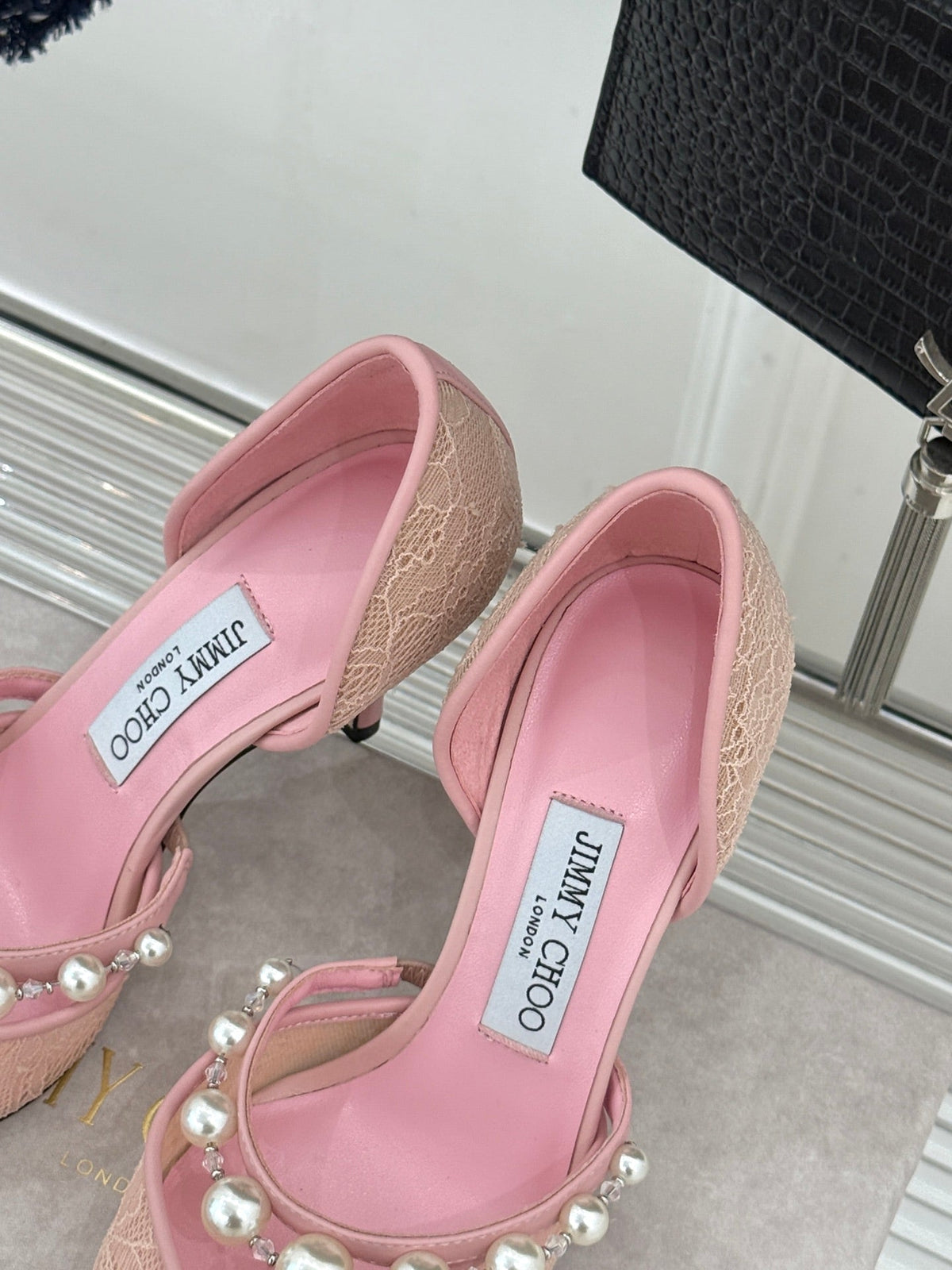 Jimmy Choo 26S High Heels 6.5cm Light Pink Lace Pearl-Embellished 931846