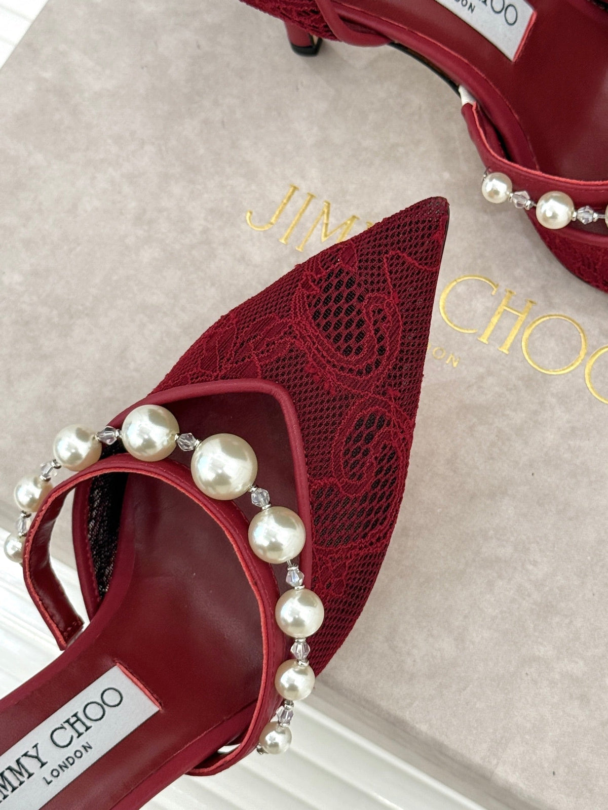 Jimmy Choo 26S High Heels 8.5cm Dark Red Lace Pearl-Embellished 629147
