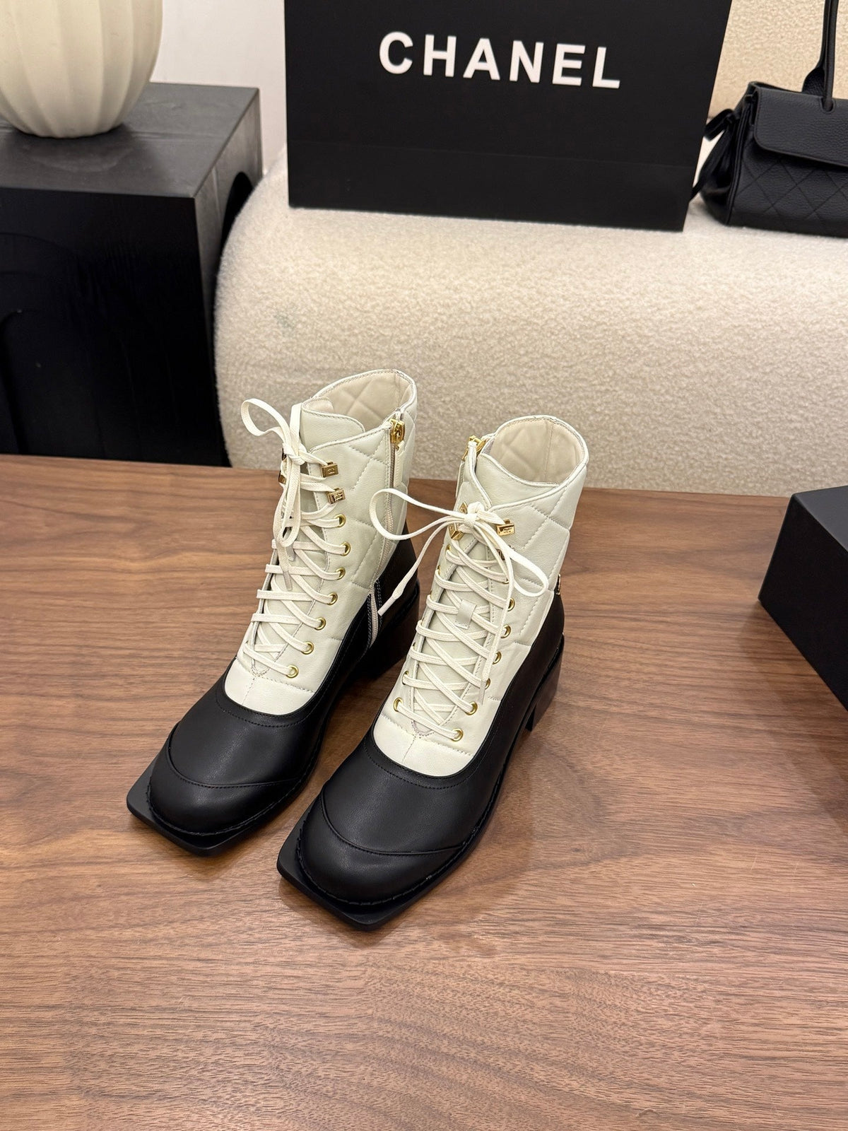 Chanel 26s Lace Up High Top Boots 4.5 Cm Black White Calfskin