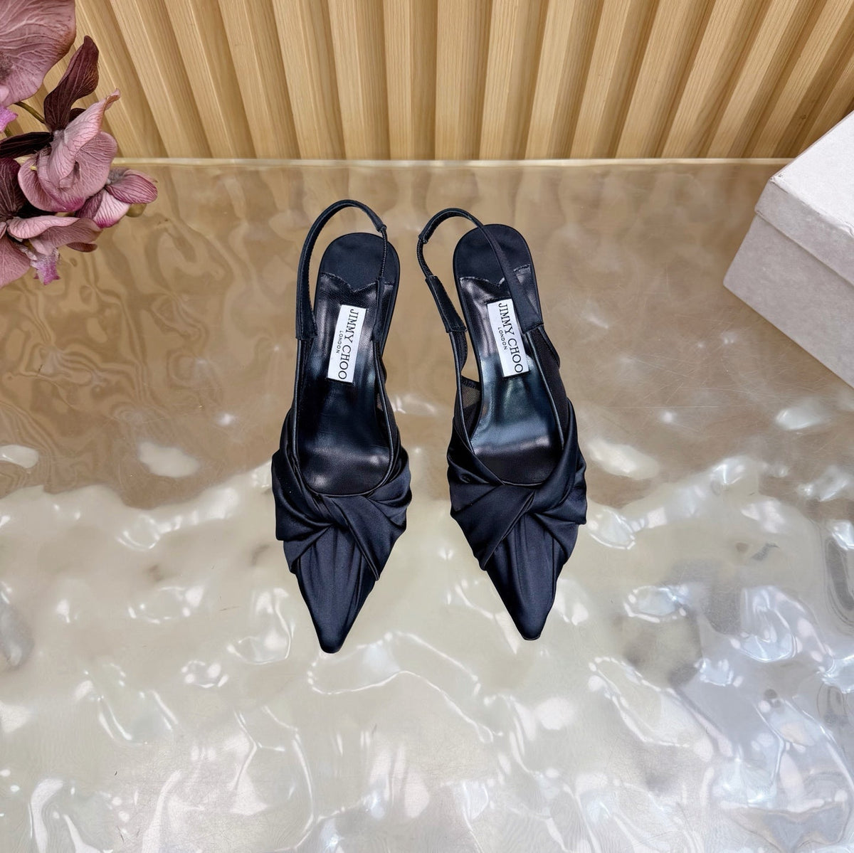 Jimmy Choo 26S Slingback Heels 6.0cm Black Satin With Knot Detail 529148