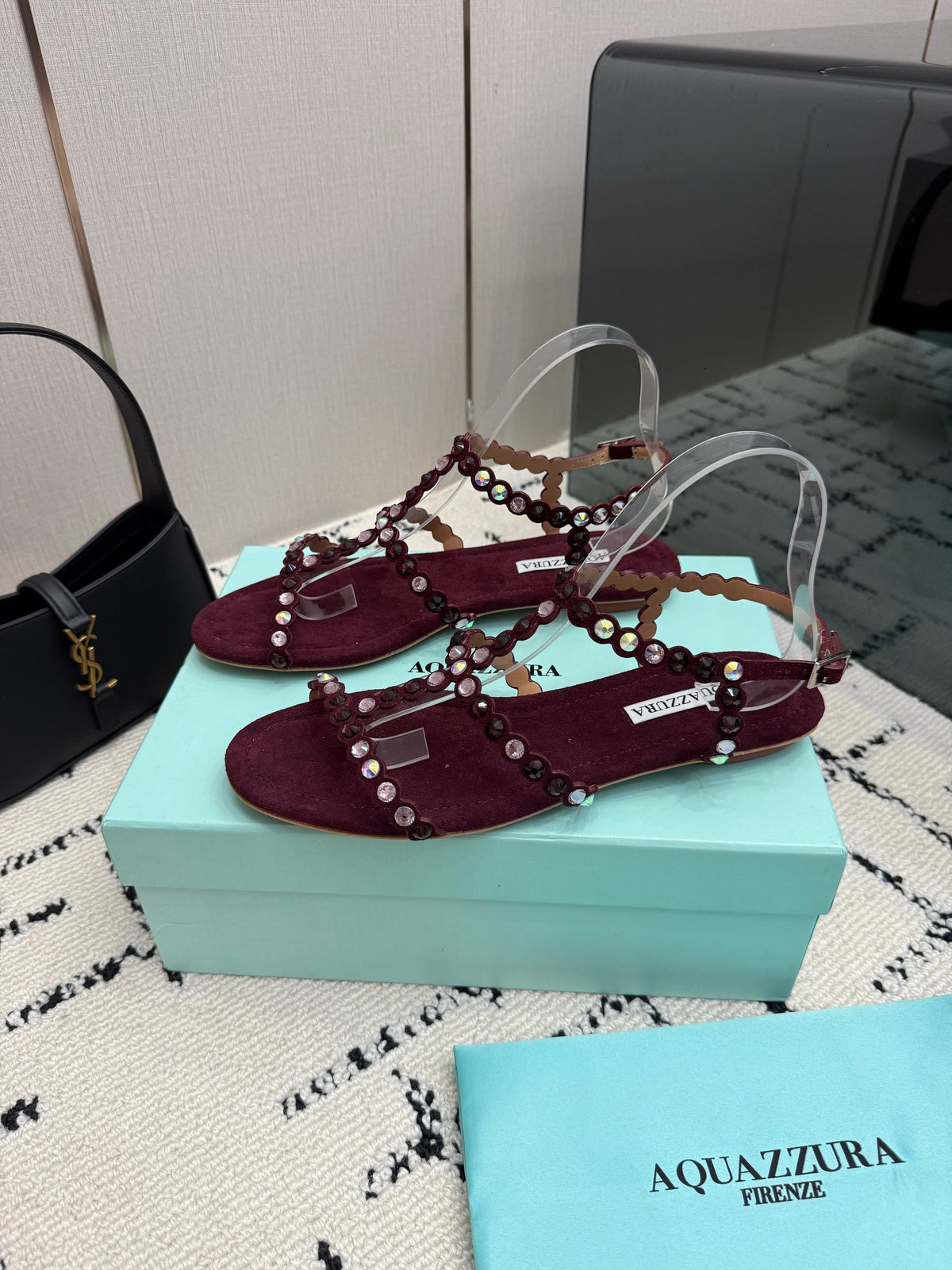 Aquazzura 26s Flat Sandals Dark Red Suede Crystal-Embellished 824195