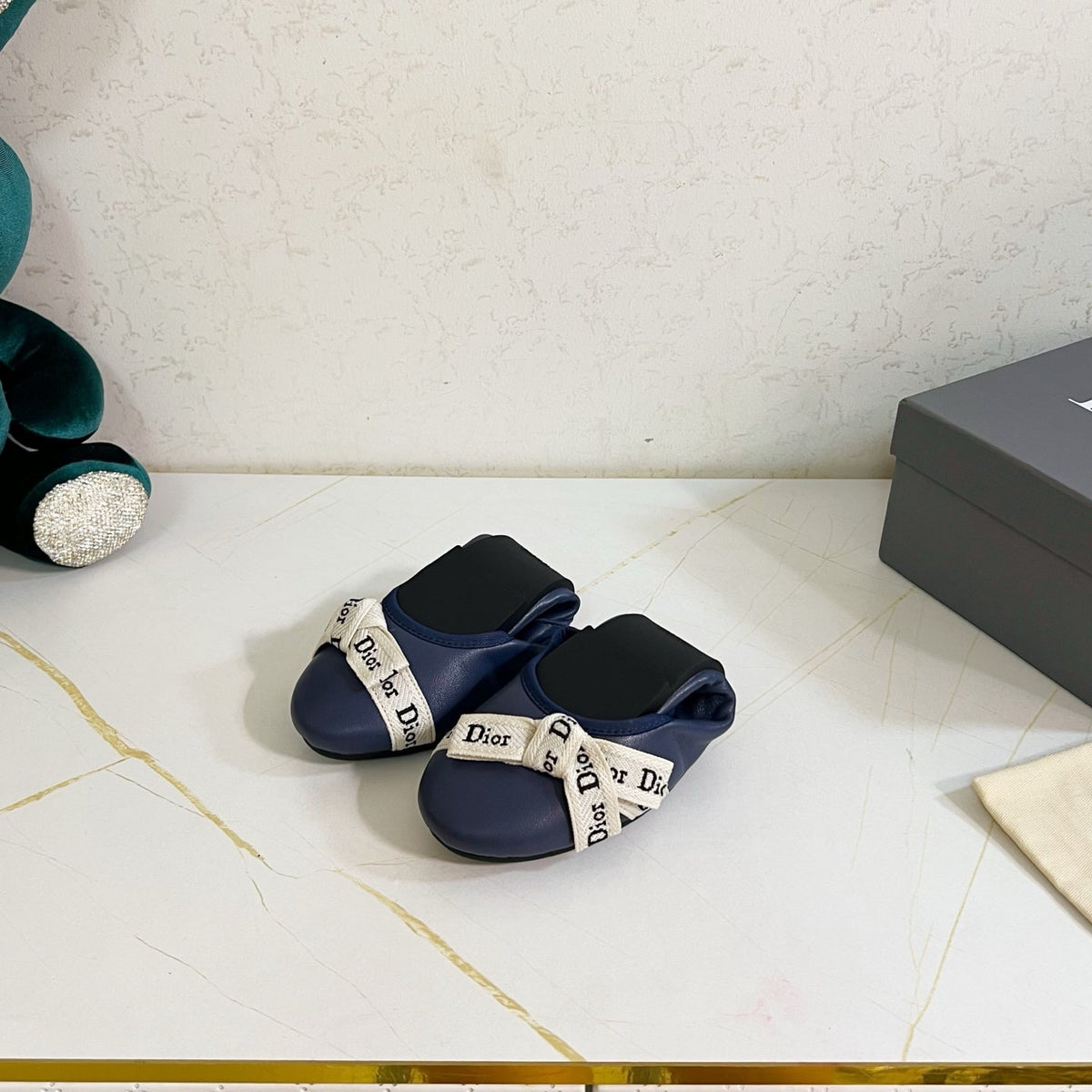 Dior 26s Bow Ballet Flats Navy Blue Calfskin