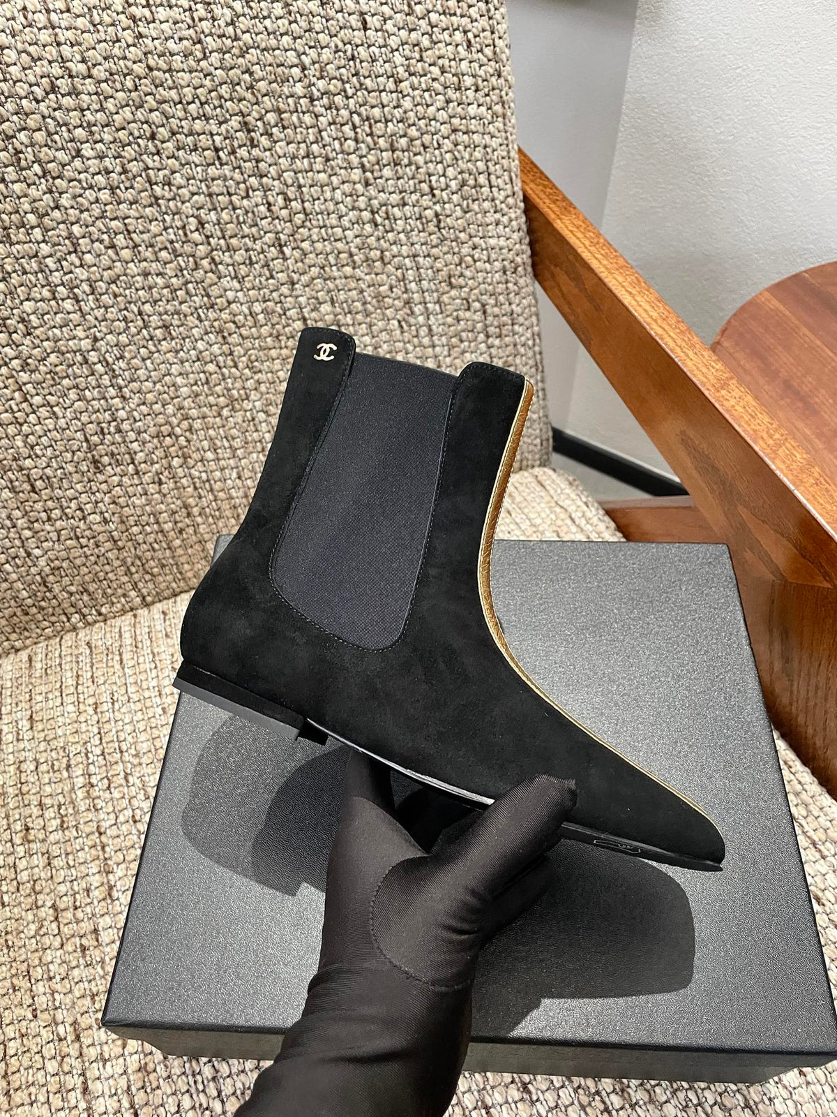 Chanel 26s Ankle Boots Black Suede Contrasting Gold Tone Trim