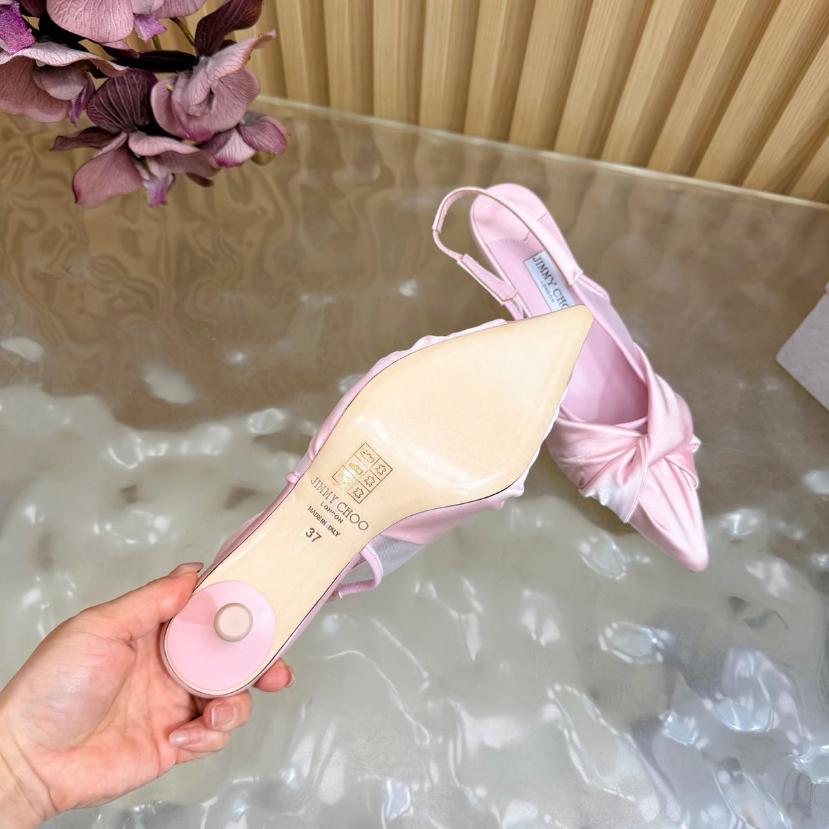 Jimmy Choo 26S Slingback Heels 6.0cm Light Pink Satin With Knot Detail 521946