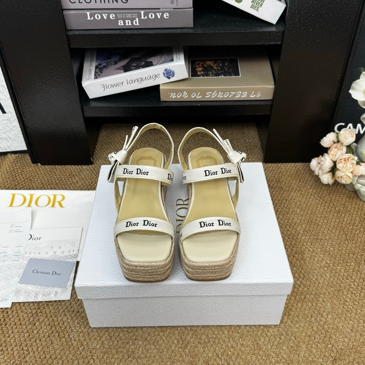Dior 26s Espadrille Wedge Sandal Beige Canvas Calfskin