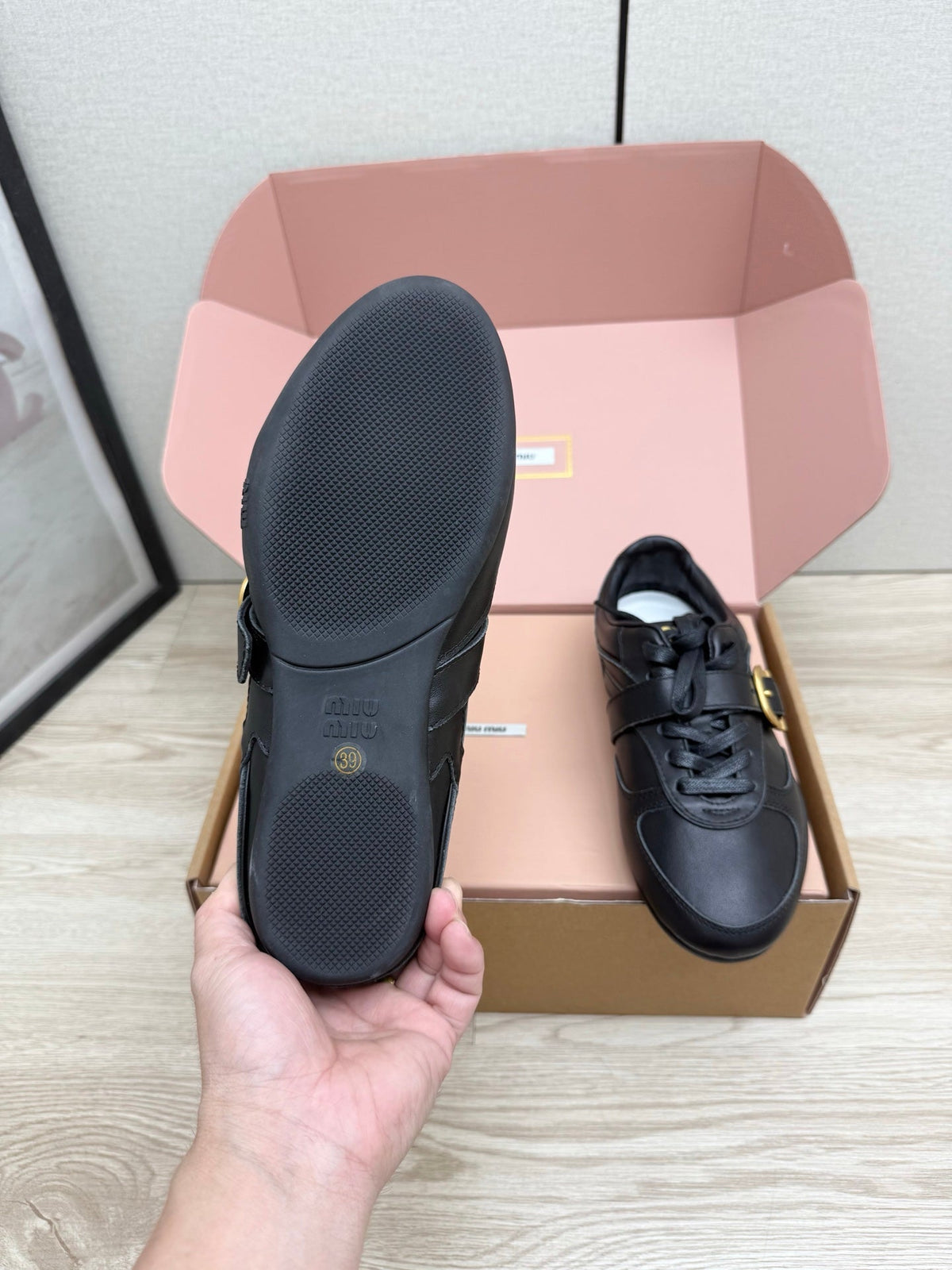 Miumiu 26s Buckle Sneakers Black Calfskin With Gold Hardware