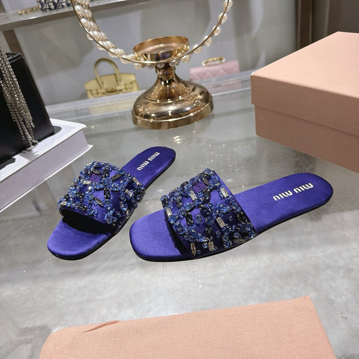 Miumiu 26s Sandals Purple Embellished Silk