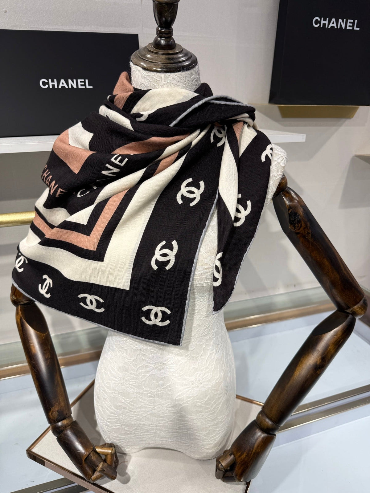 Chanel 2026 CC Logo Square Scarf Black Silk Cashmere 219223