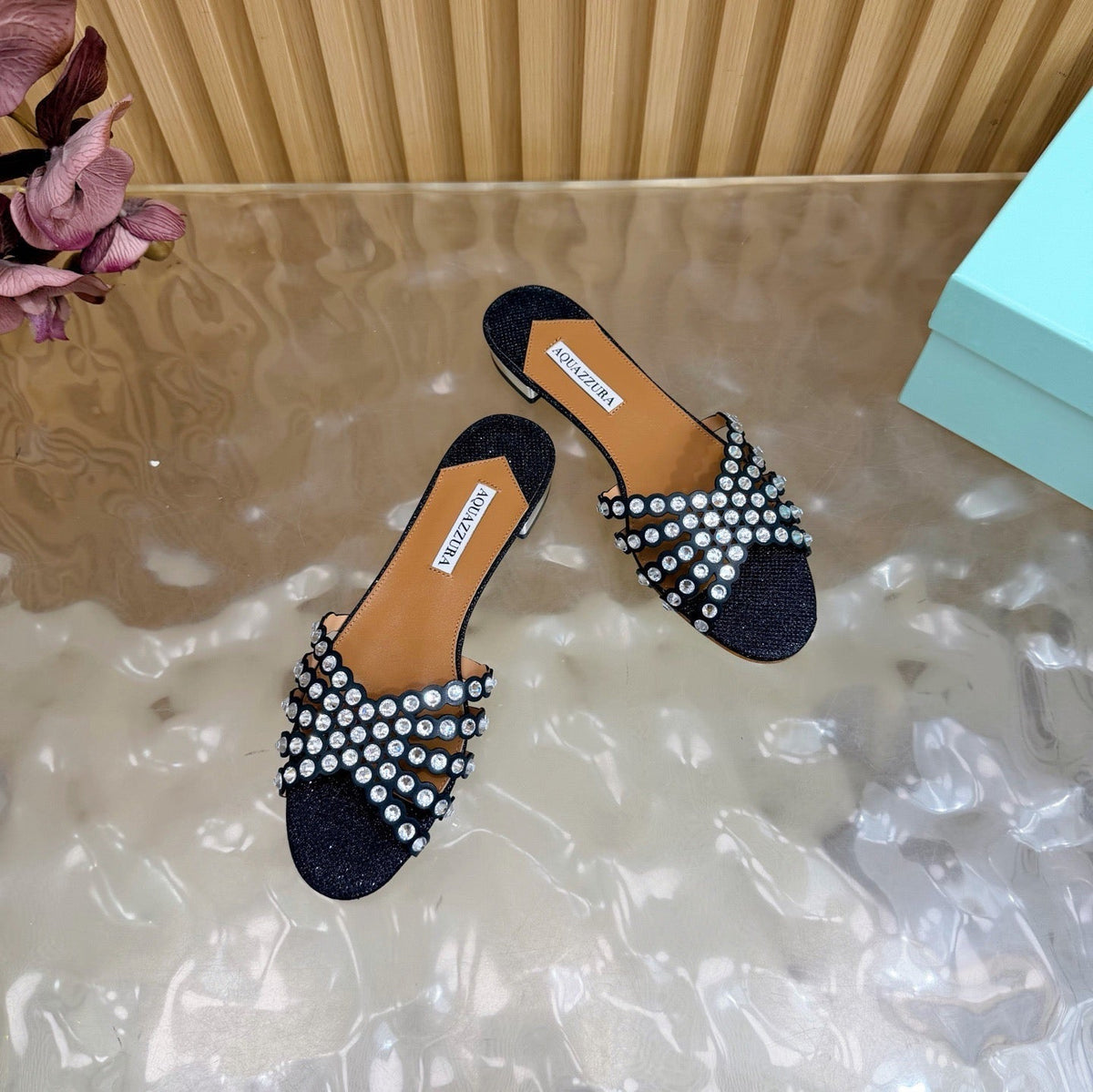 Aquazzura 26s Slides Black Lurex Fabric 830154