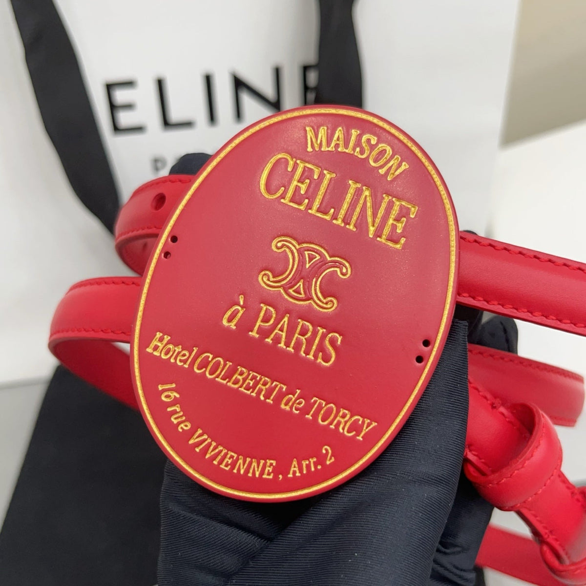 Celine 2026 Triomphe Slim Oval Badge Buckle Belt 13mm Red Leather