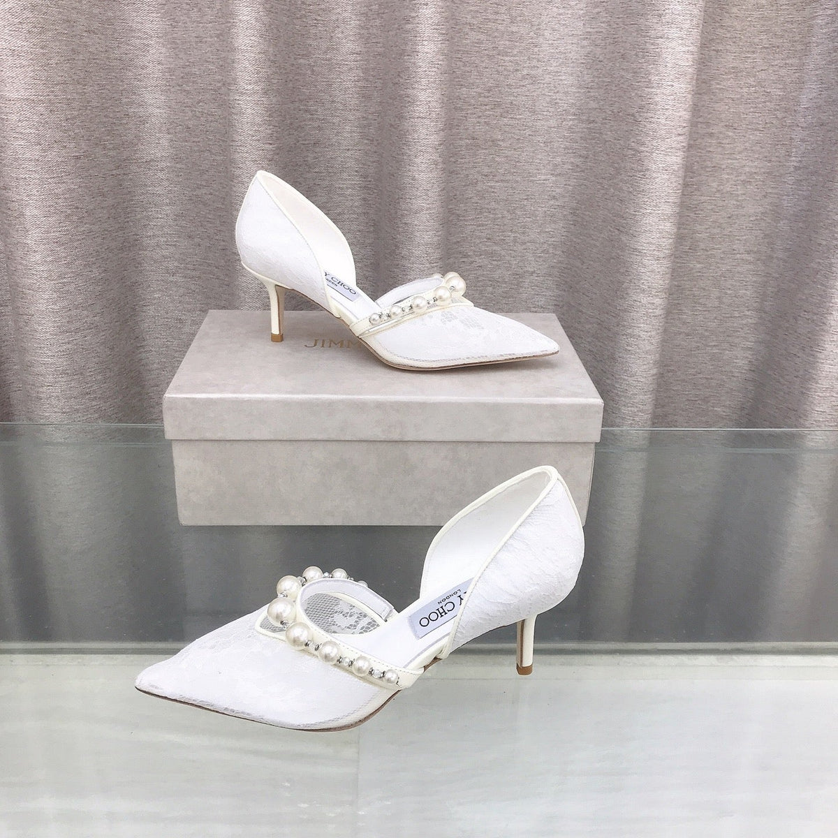 Jimmy Choo 26S High Heels 6.5cm White Lace Pearl-Embellished 714936