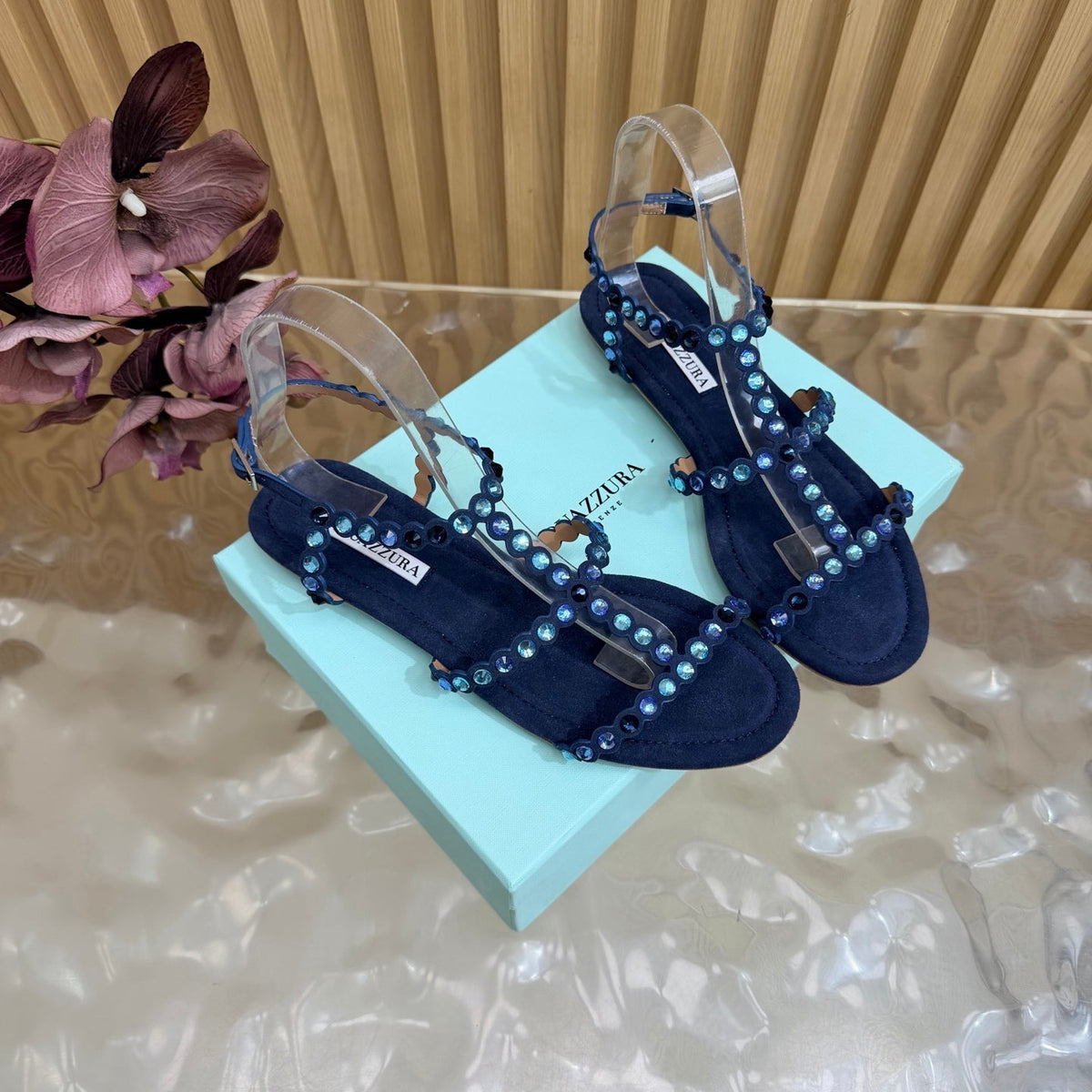 Aquazzura 26s Flat Sandals Navy Blue Suede Crystal Embellished 571932