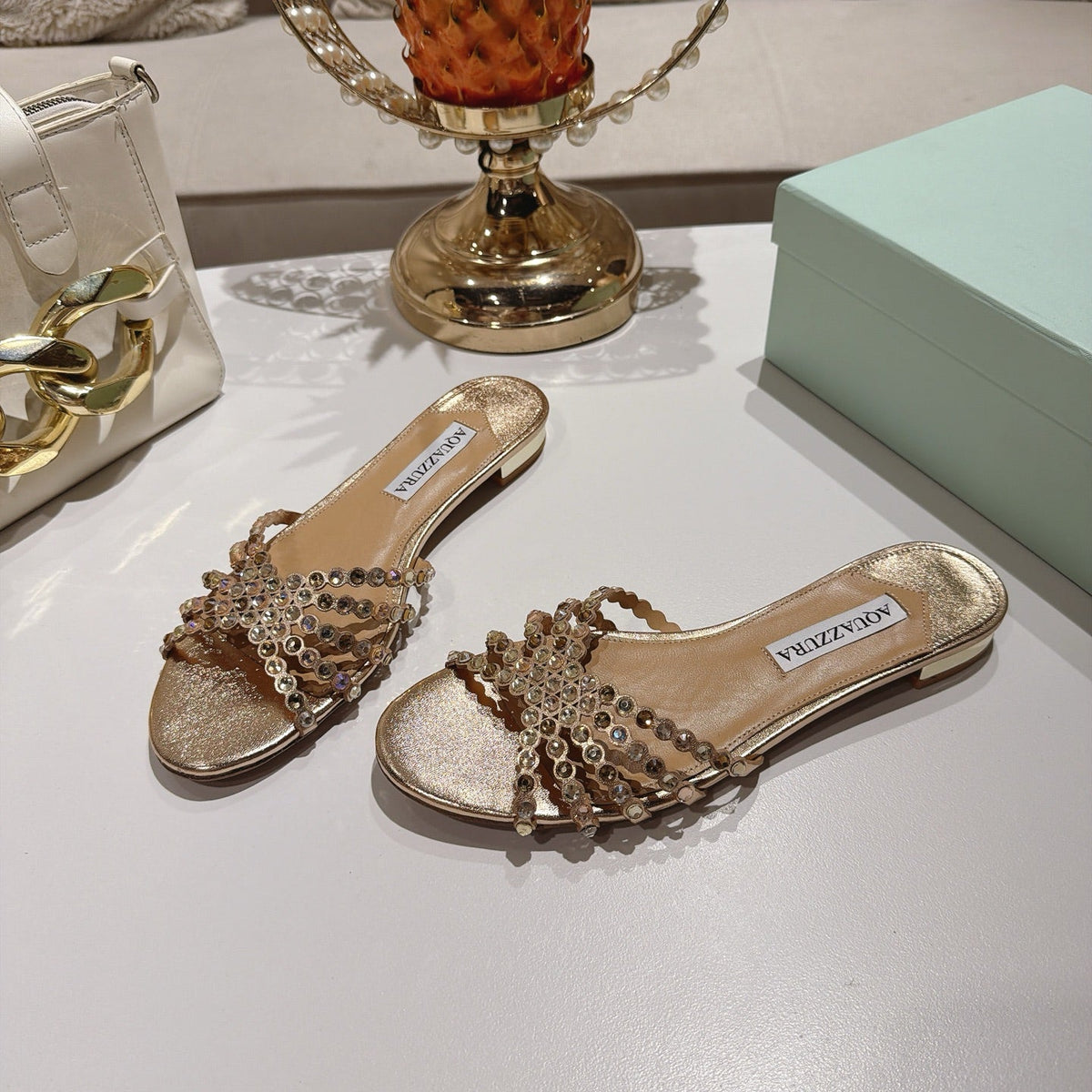 Aquazzura 26s Slides Light Gold Lambskin Crystal Embellished 501934