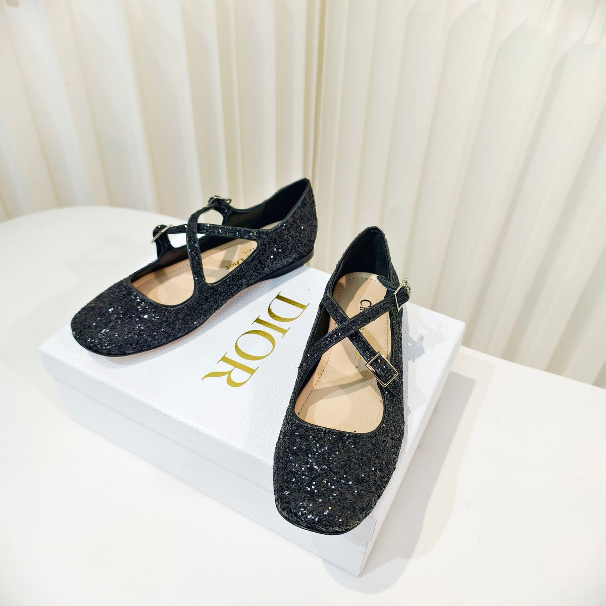 Dior 26s Mary Jane Flats Black Sequin Embroidered Fabric