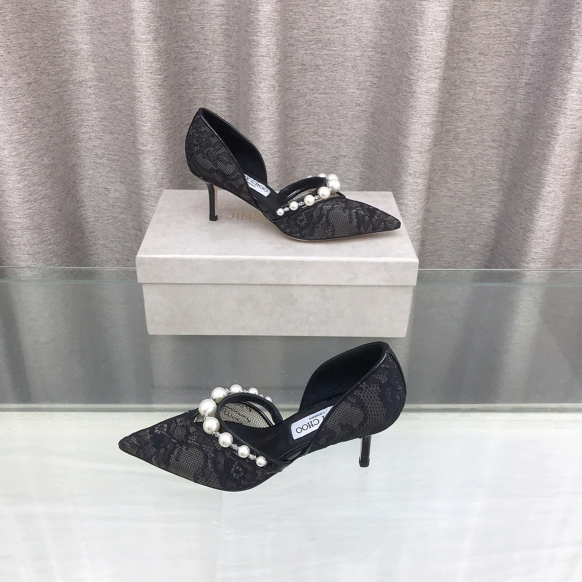 Jimmy Choo 26S High Heels 6.5cm Black Lace Pearl-Embellished 529418