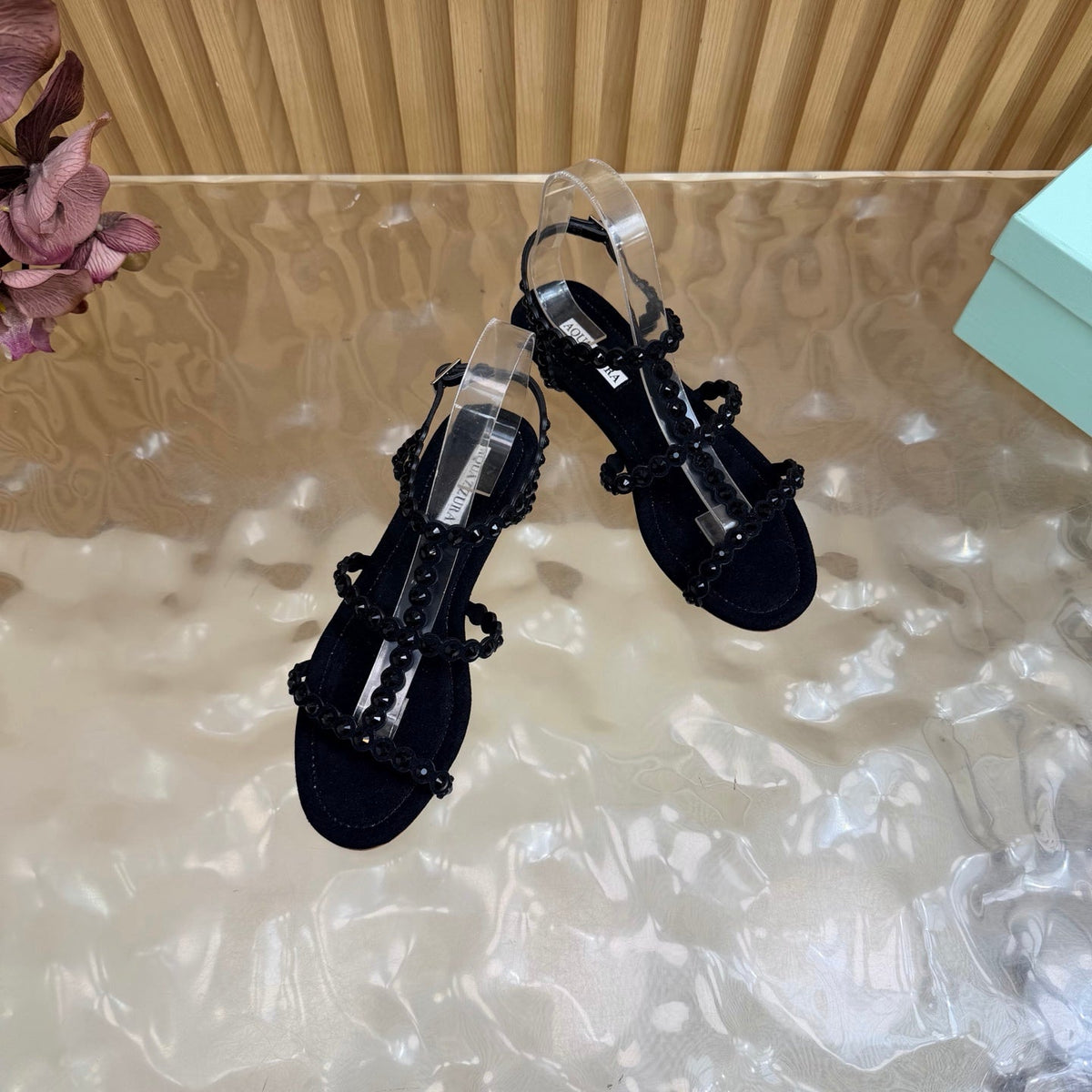 Aquazzura 26s Flat Sandals Black Suede Crystal Embellished 294817