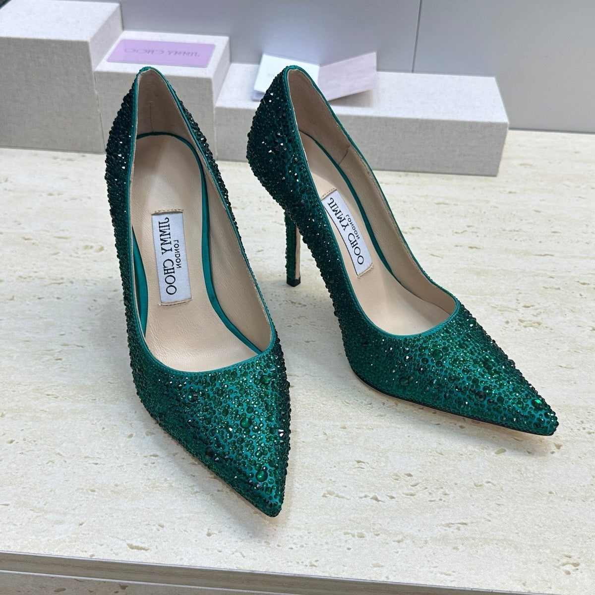 Jimmy Choo 26S High Heels 9.5cm Green Crystal-Embellished 395418