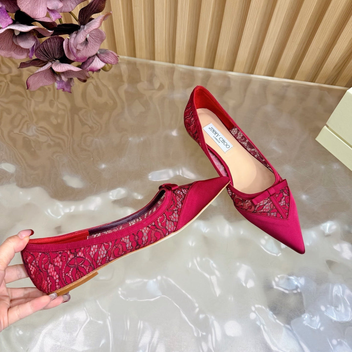 Jimmy Choo 26S Flats Red Lace And Satin 718324