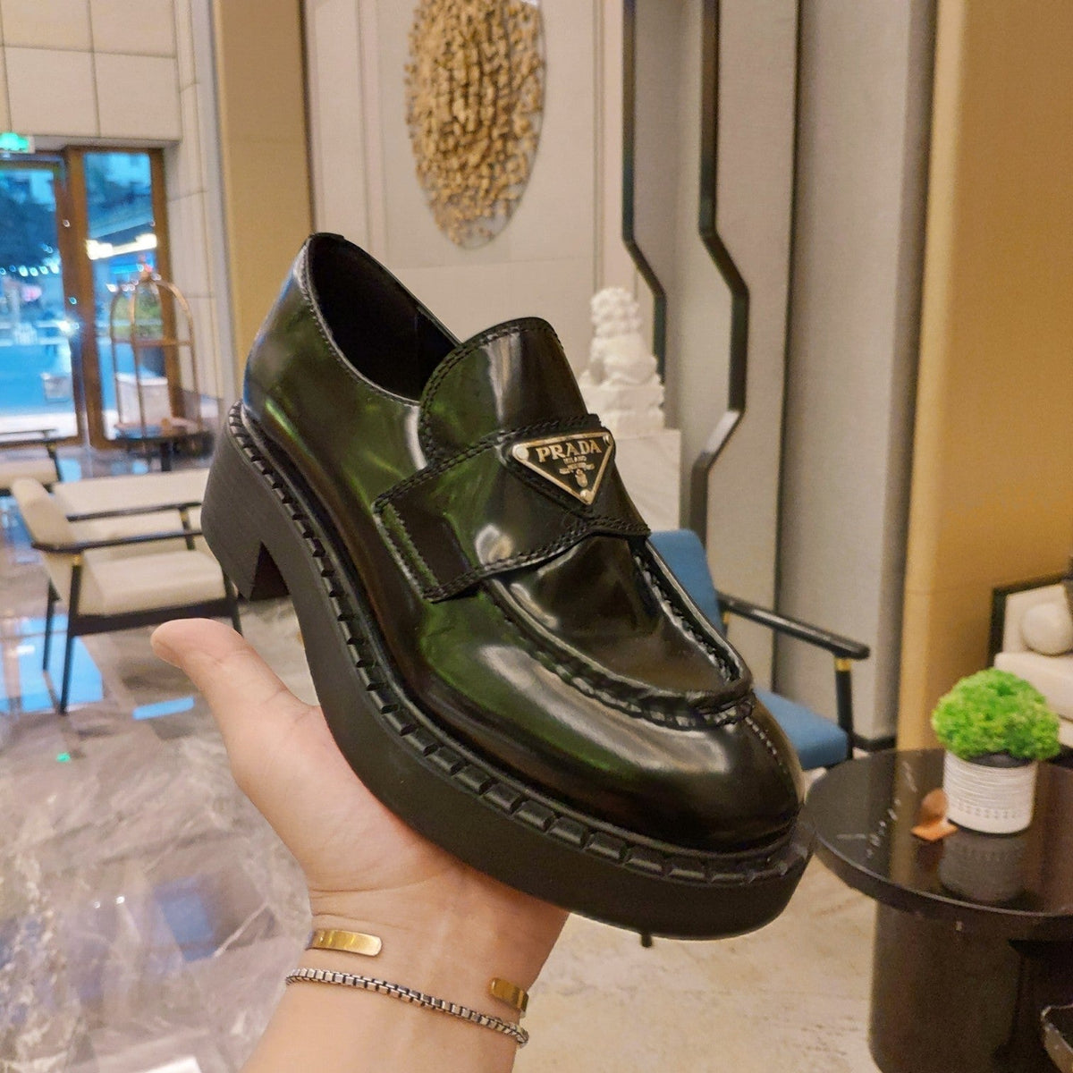 Prada 26S Penny Loafers 55mm Dark Green Patent Calfskin