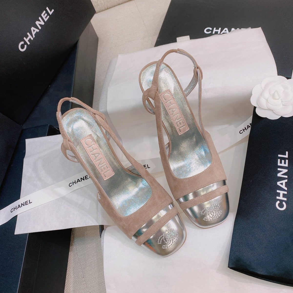 CC 26S Slingback Flats Square-Toe 9cm Colorblock Suede Leather 156339