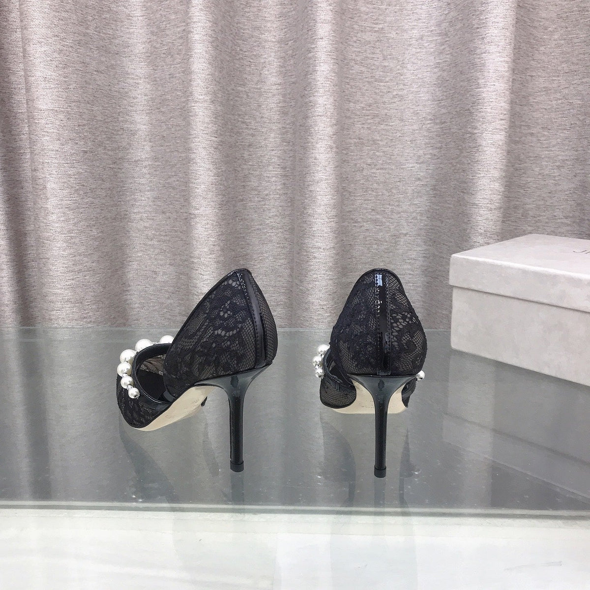 Jimmy Choo 26S High Heels 8.5cm Black Lace Pearl-Embellished 824195