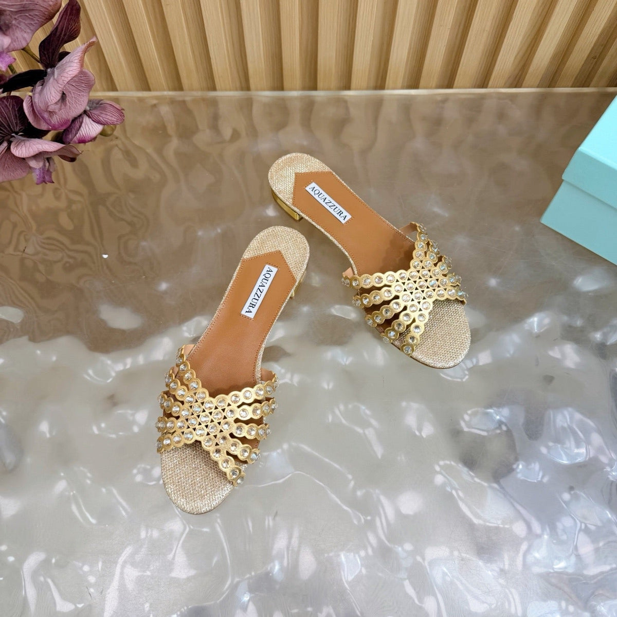 Aquazzura 26s Slides Beige Lurex Fabric 491028